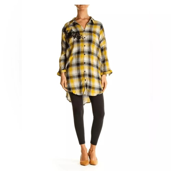 Maeve Anthropologie Yellow Plaid Floral Embroidered Oversized Tunic - Picture 3 of 12